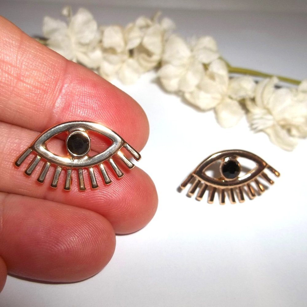 Gold Eye Earring Faux Black Onyx Rhinestone Post Stud Edgy Unique Funky Set C148